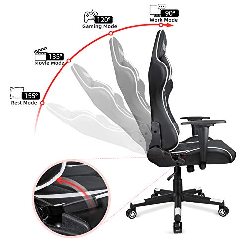 VADIM Silla de Oficina para Juegos En Blanco y Negro, Silla de Oficina Ergonómica para Deportes de Carreras, Respaldo Reclinable a 155 ° Asiento para Juegos, Altura Ajustable, PU para Pc para Juegos