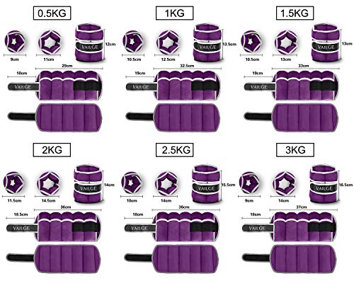 Vailge Tobillera con pesas ajustables para muñecas de 0,5 kg - 3 kg, para hombre y mujer, para fitness, ejercicio, correr, gimnasia, (lila, 3 kg)