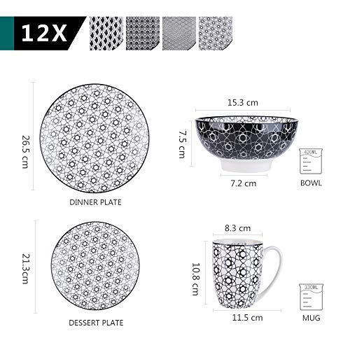 vancasso Haruka Vajilla de Porcelana, Juego de Vajillas Combi de 48 piezas 12 Tazas de Café/ Tazones de Cereales/ Platos de Postre/ Platos de Comedor servicio para 12 Personas