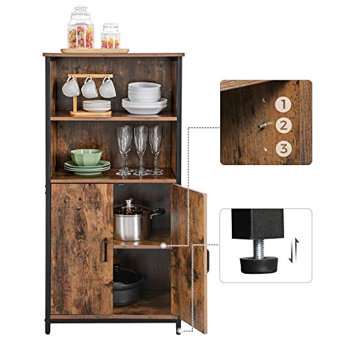 VASAGLE Aparador con Vitrina, Estantería, Librería, para Sala de Estar, Cocina, 2 Compartimentos Abiertos y 1 Cerrado con Puerta Doble, Estructura de Acero, Marrón Rústico y Negro LSC66BX