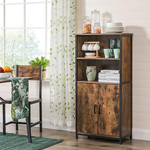 VASAGLE Aparador con Vitrina, Estantería, Librería, para Sala de Estar, Cocina, 2 Compartimentos Abiertos y 1 Cerrado con Puerta Doble, Estructura de Acero, Marrón Rústico y Negro LSC66BX