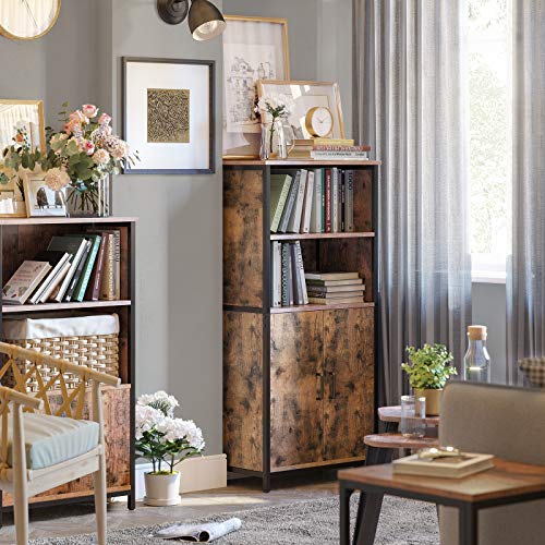 VASAGLE Aparador con Vitrina, Estantería, Librería, para Sala de Estar, Cocina, 2 Compartimentos Abiertos y 1 Cerrado con Puerta Doble, Estructura de Acero, Marrón Rústico y Negro LSC66BX
