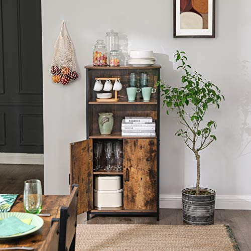 VASAGLE Aparador con Vitrina, Estantería, Librería, para Sala de Estar, Cocina, 2 Compartimentos Abiertos y 1 Cerrado con Puerta Doble, Estructura de Acero, Marrón Rústico y Negro LSC66BX