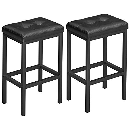 VASAGLE Taburetes de Bar, Taburetes de Barra, Juego de 2 Taburetes Tapizados de PU, 40 x 30 x 62 cm, sin Respaldo, Montaje Simple, Industrial, Cocina, Comedor, Asiento Negro y Marco Negro LBC068B81