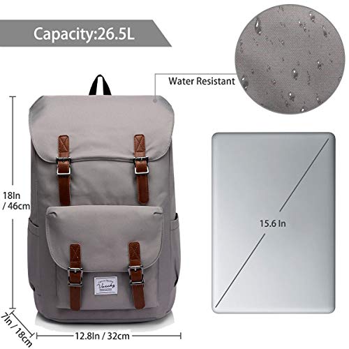VASCHY Mochila Hombre, Mochila Mujer Casual Mochila para Portatil 15.6 Pulgadas Mochilas Escolares Vintage Mochila Universidad Mochilas Juveniles Resistente al Agua Gris
