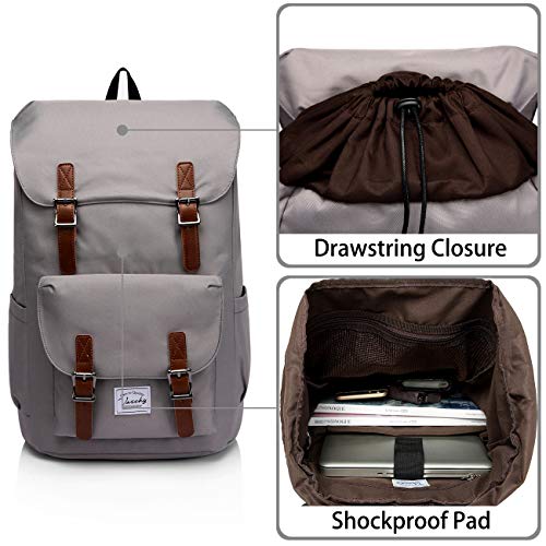 VASCHY Mochila Hombre, Mochila Mujer Casual Mochila para Portatil 15.6 Pulgadas Mochilas Escolares Vintage Mochila Universidad Mochilas Juveniles Resistente al Agua Gris
