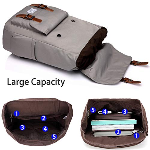 VASCHY Mochila Hombre, Mochila Mujer Casual Mochila para Portatil 15.6 Pulgadas Mochilas Escolares Vintage Mochila Universidad Mochilas Juveniles Resistente al Agua Gris
