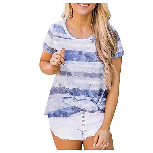VEMOW Blusas y Camisa Camisetas Manga Corta Mujer Elegantes 2021 Básico T-Shirt Cuello en V, Informal Suelto Taping Blusa Tops Moda Rayas de Tie Dye Tallas Grandes Verano Fiesta Tshirt(Azul,S)