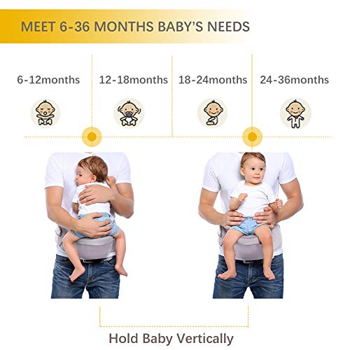 Viedouce Portabebé Ergonómico Asiento de Cadera,con Protección del Cinturón la Seguridad,Algodón Puro Ligero,Taburete de Cintura de Posición Múltiple por Bebé Niños 6-36 Meses(Gris)