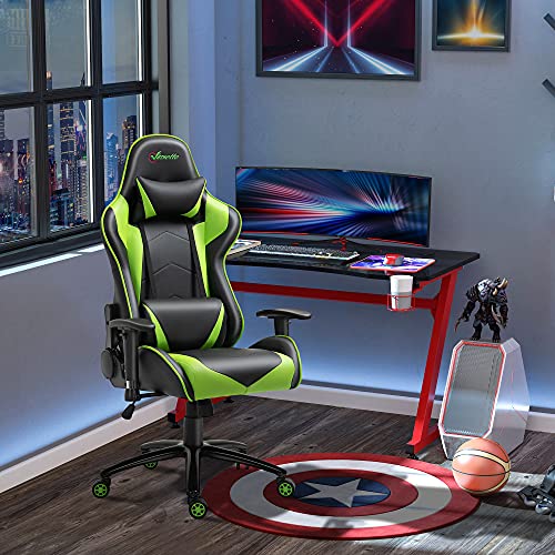 Vinsetto Silla Gaming Ergonómica Silla de Juego Giratoria Ajustable en Altura con Reposabrazos Regulable Reposacabezas y Cojín Lumbar Cuero Sintético 73x71x128-136 cm Verde