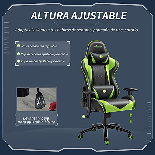 Vinsetto Silla Gaming Ergonómica Silla de Juego Giratoria Ajustable en Altura con Reposabrazos Regulable Reposacabezas y Cojín Lumbar Cuero Sintético 73x71x128-136 cm Verde
