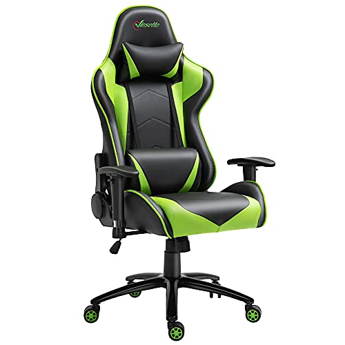 Vinsetto Silla Gaming Ergonómica Silla de Juego Giratoria Ajustable en Altura con Reposabrazos Regulable Reposacabezas y Cojín Lumbar Cuero Sintético 73x71x128-136 cm Verde