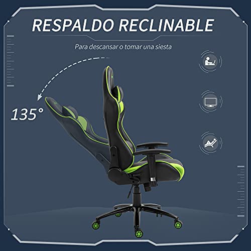 Vinsetto Silla Gaming Ergonómica Silla de Juego Giratoria Ajustable en Altura con Reposabrazos Regulable Reposacabezas y Cojín Lumbar Cuero Sintético 73x71x128-136 cm Verde