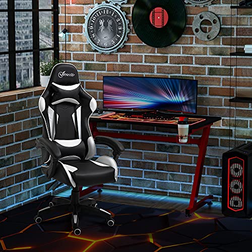 Vinsetto Silla Gaming Profesional Silla de Escritorio Ergonómica Reclinable y Ajustable en Altura con Respaldo Alto Reposacabezas y Reposabrazos 66x66x128-138 cm Blanco