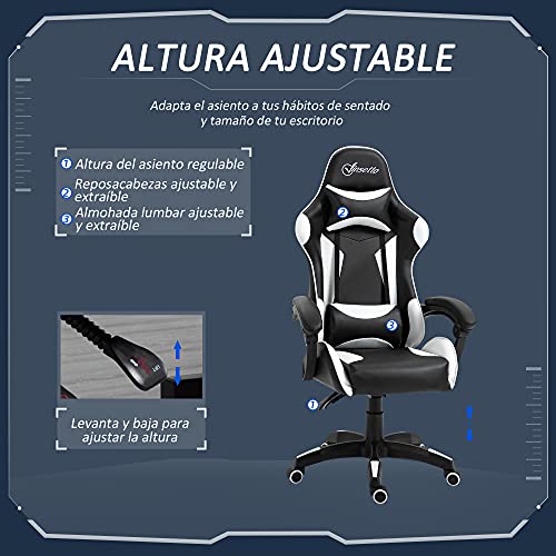 Vinsetto Silla Gaming Profesional Silla de Escritorio Ergonómica Reclinable y Ajustable en Altura con Respaldo Alto Reposacabezas y Reposabrazos 66x66x128-138 cm Blanco