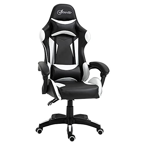 Vinsetto Silla Gaming Profesional Silla de Escritorio Ergonómica Reclinable y Ajustable en Altura con Respaldo Alto Reposacabezas y Reposabrazos 66x66x128-138 cm Blanco