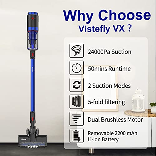 Vistefly VXB Aspiradora Escoba Sin Cable 24KPa,Aspirador Sin Cable Sin Bolsa para Alfombra,4 en 1 Aspirador Sin Cable Potente con LED,Autonomía 50 min,para Pelos de Mascotas en el Carro