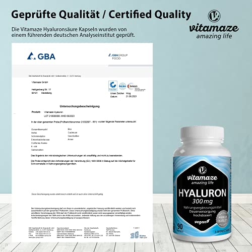 Vitamaze® Ácido Hialurónico Puro Capsulas, 300 mg Alto Concentrado por Capsula Vegano para 3 Meses, alta Biodisponibilidad, Tamaño Molecular de 500-700 kDa, Natural sin Aditivos Innecesarios