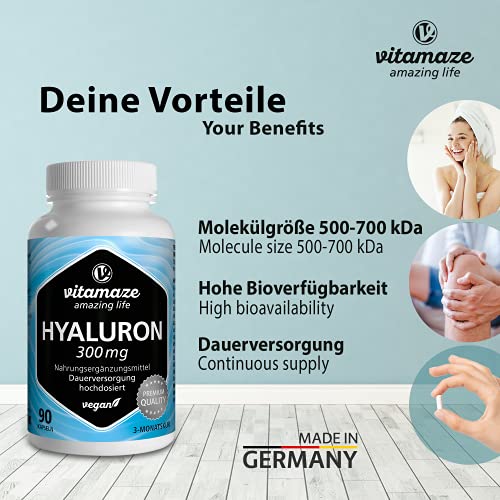 Vitamaze® Ácido Hialurónico Puro Capsulas, 300 mg Alto Concentrado por Capsula Vegano para 3 Meses, alta Biodisponibilidad, Tamaño Molecular de 500-700 kDa, Natural sin Aditivos Innecesarios
