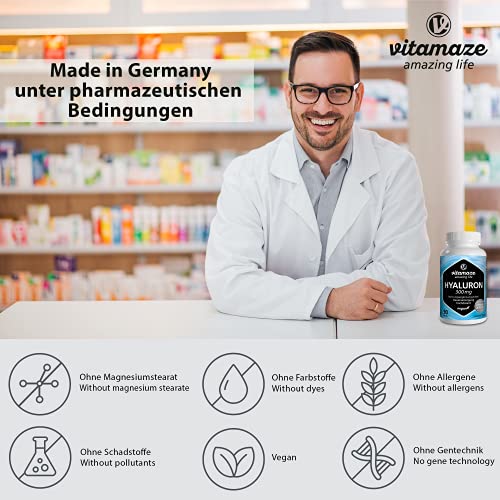 Vitamaze® Ácido Hialurónico Puro Capsulas, 300 mg Alto Concentrado por Capsula Vegano para 3 Meses, alta Biodisponibilidad, Tamaño Molecular de 500-700 kDa, Natural sin Aditivos Innecesarios