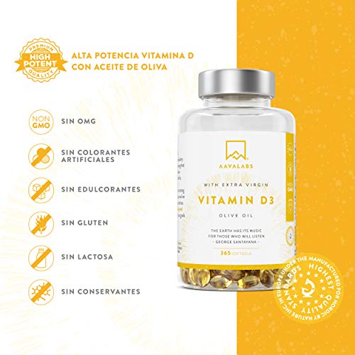 Vitamina D3 Natural [5000 UI] Depot - Altamente Concentrada - con Aceite de Oliva Extra Virgen para una Absorción Óptima - Favorece la Función Ósea e Inmunológica - Complemento Alimenticio - 365 Cáps
