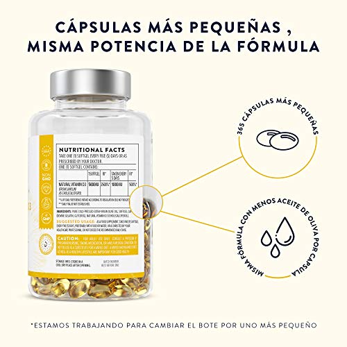Vitamina D3 Natural [5000 UI] Depot - Altamente Concentrada - con Aceite de Oliva Extra Virgen para una Absorción Óptima - Favorece la Función Ósea e Inmunológica - Complemento Alimenticio - 365 Cáps