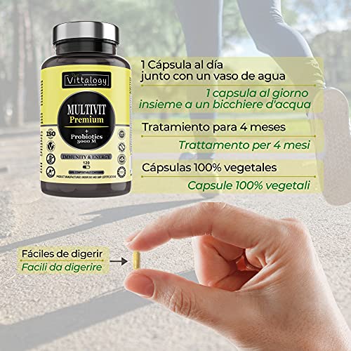 Vittalogy Multivit Premium. Multivitaminas Con Sales Minerales y Probióticos. Combate El Cansancio Y Aumenta Las Defensas. Hombre Y Mujer. Mejora En El Deporte Y Estudio. 120 Cápsulas.