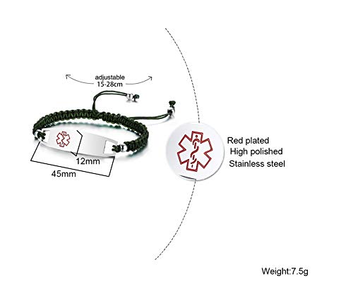 VNOX Grabado Libre Hecho A Mano de Nylon Verde Oscuro Cuerda Trenzada de Acero Inoxidable Alerta Médica de Emergencia ID Etiqueta Ajustable Pulsera para Niños Mujeres