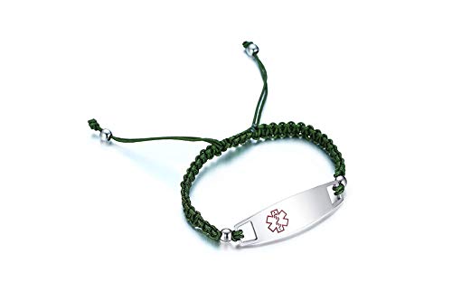 VNOX Grabado Libre Hecho A Mano de Nylon Verde Oscuro Cuerda Trenzada de Acero Inoxidable Alerta Médica de Emergencia ID Etiqueta Ajustable Pulsera para Niños Mujeres