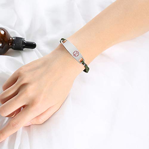 VNOX Grabado Libre Hecho A Mano de Nylon Verde Oscuro Cuerda Trenzada de Acero Inoxidable Alerta Médica de Emergencia ID Etiqueta Ajustable Pulsera para Niños Mujeres