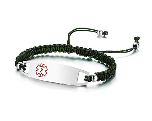 VNOX Grabado Libre Hecho A Mano de Nylon Verde Oscuro Cuerda Trenzada de Acero Inoxidable Alerta Médica de Emergencia ID Etiqueta Ajustable Pulsera para Niños Mujeres