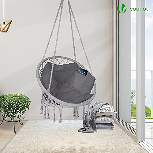 VOUNOT Silla Colgante Exterior con Flecos, Hamaca con Conjines y Kit de Suspensión, Ø80cm Silla Columpio para Interior y Exterior, Gris