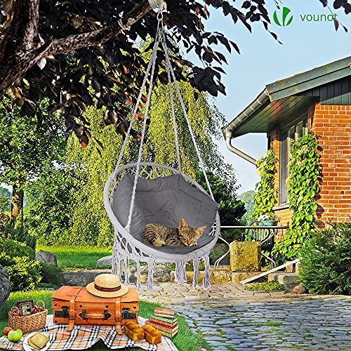 VOUNOT Silla Colgante Exterior con Flecos, Hamaca con Conjines y Kit de Suspensión, Ø80cm Silla Columpio para Interior y Exterior, Gris