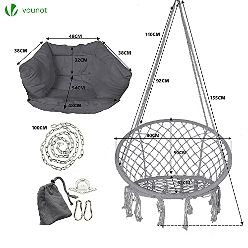 VOUNOT Silla Colgante Exterior con Flecos, Hamaca con Conjines y Kit de Suspensión, Ø80cm Silla Columpio para Interior y Exterior, Gris