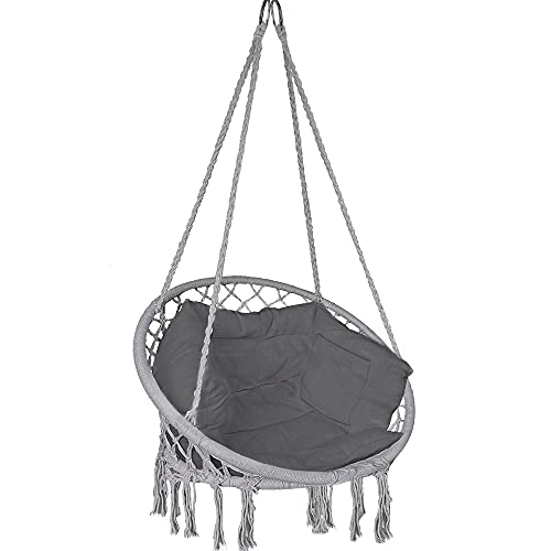 VOUNOT Silla Colgante Exterior con Flecos, Hamaca con Conjines y Kit de Suspensión, Ø80cm Silla Columpio para Interior y Exterior, Gris