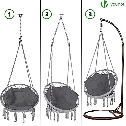 VOUNOT Silla Colgante Exterior con Flecos, Hamaca con Conjines y Kit de Suspensión, Ø80cm Silla Columpio para Interior y Exterior, Gris