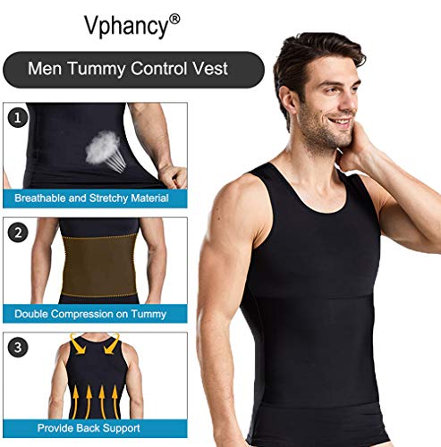 Vphancy Camiseta Reductora Hombre Compresión, Camisetas Interiores Tirantes, Fajas Moldeadora Adelgazantes - Alta Elasticidad para Comprimir Pecho Abdomen y Cintura (Negro, XL)
