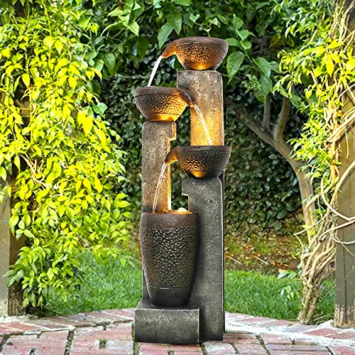 WATURE 101 cm de columna de agua para jardín, moderna fuente para exteriores con sonidos de agua calmante y luz LED eléctrica, bonita fuente de agua para decoración de jardín