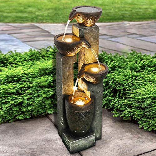 WATURE 101 cm de columna de agua para jardín, moderna fuente para exteriores con sonidos de agua calmante y luz LED eléctrica, bonita fuente de agua para decoración de jardín