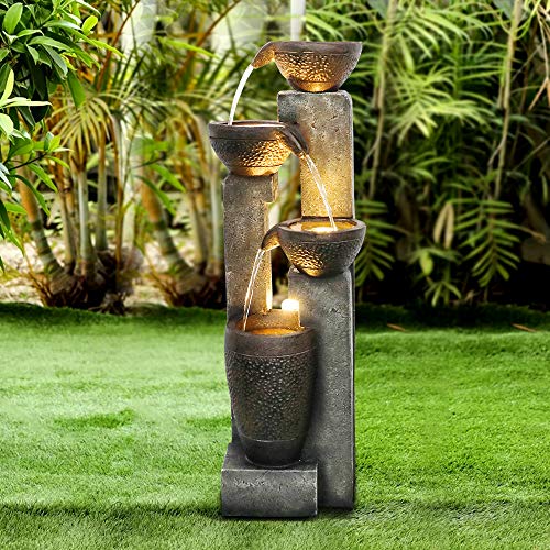 WATURE 101 cm de columna de agua para jardín, moderna fuente para exteriores con sonidos de agua calmante y luz LED eléctrica, bonita fuente de agua para decoración de jardín