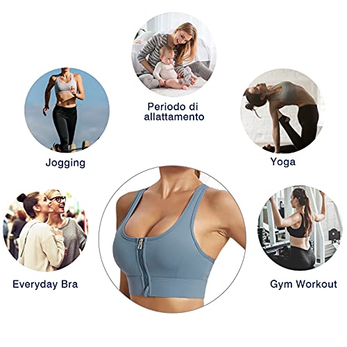 Wayleb Sujetador Deportivo Mujer Alto Impacto Sujetador Push Up Inalámbrico Cremallera Frontal con Almohadillas Extraíbles Sports Bra Cómodos Suave para Yoga Running,Azul-Cremallera,XL
