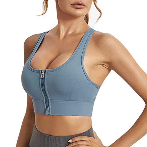 Wayleb Sujetador Deportivo Mujer Alto Impacto Sujetador Push Up Inalámbrico Cremallera Frontal con Almohadillas Extraíbles Sports Bra Cómodos Suave para Yoga Running,Azul-Cremallera,XL