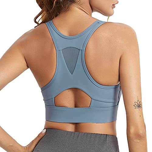 Wayleb Sujetador Deportivo Mujer Alto Impacto Sujetador Push Up Inalámbrico Cremallera Frontal con Almohadillas Extraíbles Sports Bra Cómodos Suave para Yoga Running,Azul-Cremallera,XL