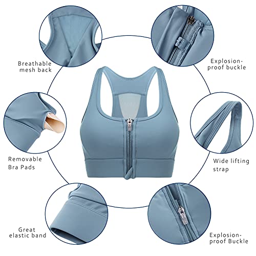 Wayleb Sujetador Deportivo Mujer Alto Impacto Sujetador Push Up Inalámbrico Cremallera Frontal con Almohadillas Extraíbles Sports Bra Cómodos Suave para Yoga Running,Azul-Cremallera,XL