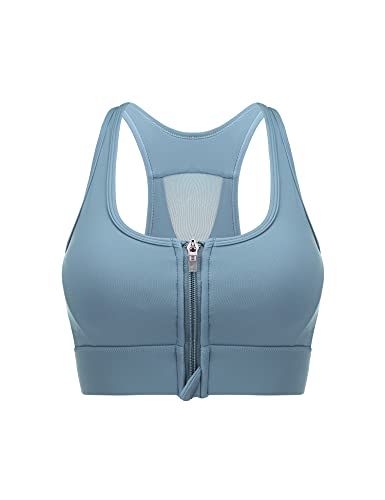 Wayleb Sujetador Deportivo Mujer Alto Impacto Sujetador Push Up Inalámbrico Cremallera Frontal con Almohadillas Extraíbles Sports Bra Cómodos Suave para Yoga Running,Azul-Cremallera,XL