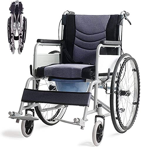 WBJLG Silla de Ruedas autopropulsada Plegable de Aluminio Liviana con Frenos de Mano y Ruedas traseras de liberación rápida con Inodoro, Asiento Ancho de 17"x 19", Gris