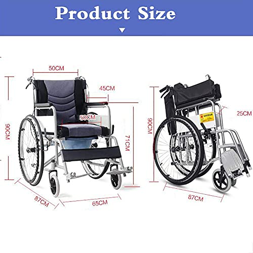 WBJLG Silla de Ruedas autopropulsada Plegable de Aluminio liviano con Frenos de Mano y Ruedas traseras de liberación rápida con Inodoro, Asiento Ancho de 17"x 19", Azul