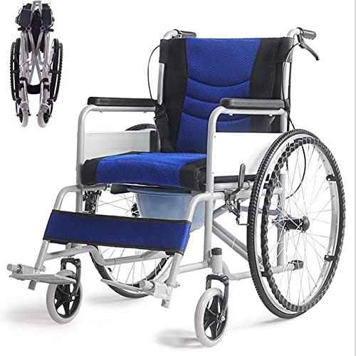 WBJLG Silla de Ruedas autopropulsada Plegable de Aluminio liviano con Frenos de Mano y Ruedas traseras de liberación rápida con Inodoro, Asiento Ancho de 17"x 19", Azul