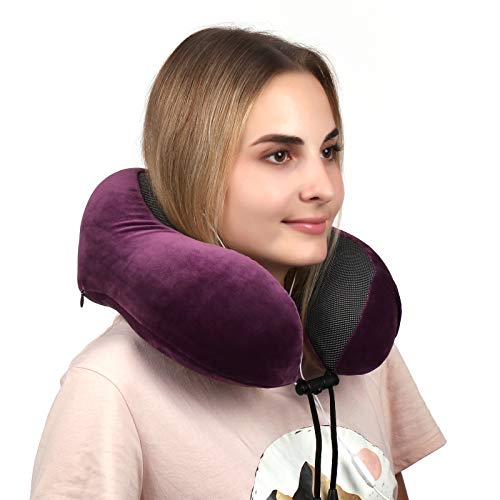 WELLGRO Juego de cojines cervicales con máscara para dormir y tapones para los oídos, funda extraíble, espuma viscoelástica, cremallera, incluye bolsa de almacenamiento, cojín de viaje, color fucsia