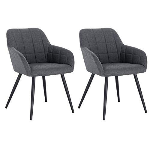 WOLTU 2 x Sillas de Comedor Nordicas Estilo Vintage Juego de 2, Silla de Cocina Silla Tapizada con Reposabrazos Tapizadas Lino, Estructura de Metal, Gris Oscuro BH107dgr-2